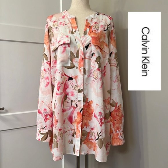 Calvin Klein Tops - Plus Size Calvin Klein Pink Floral Button Button Up Tunic Blouse-Size 3X